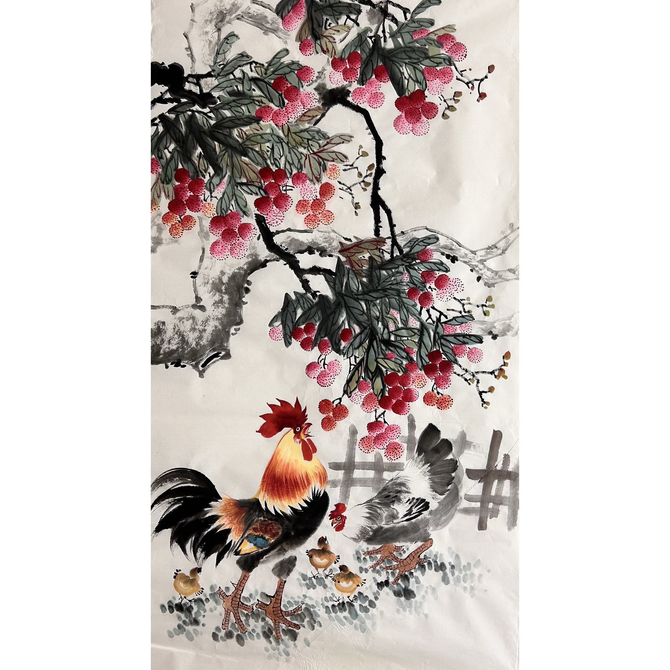 180X96厘米装饰中堂国画酒店纯手绘花鸟大六尺荔枝鸡MH5092801-6图片