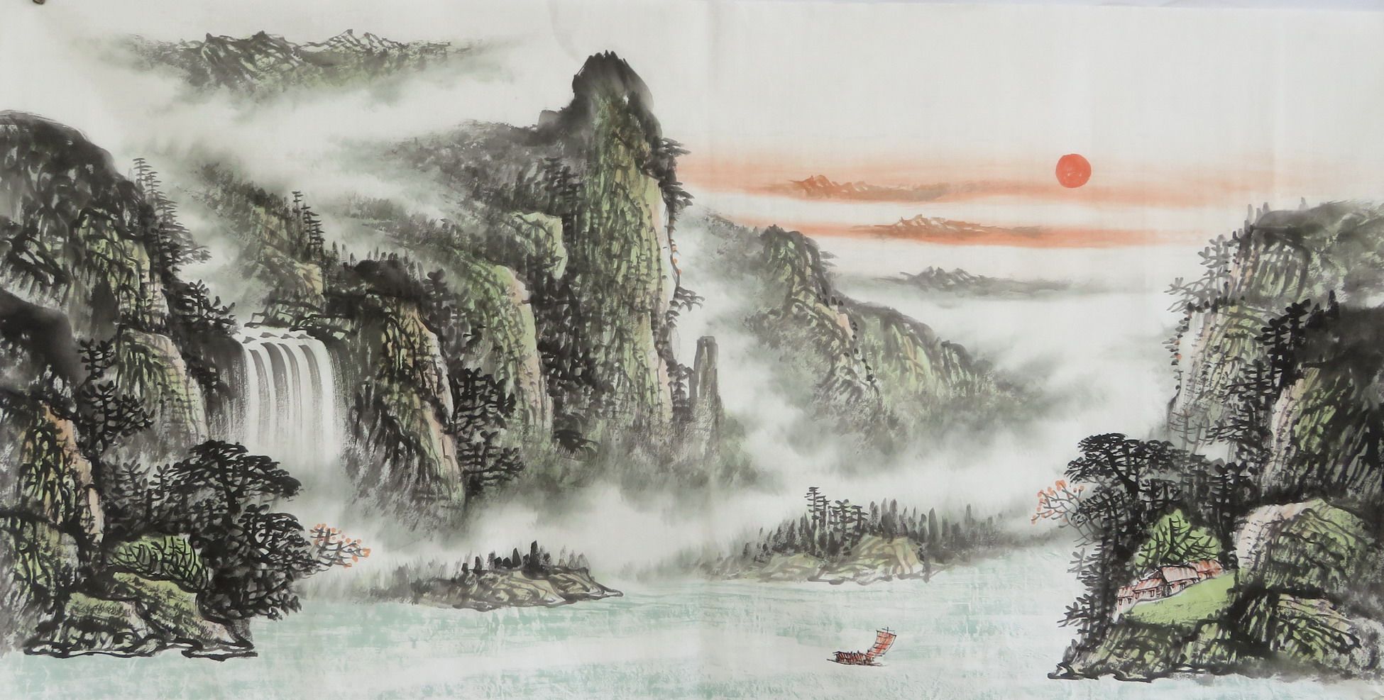 【墨香村】水墨装饰国画纯手绘四尺山水一帆风顺旭日东升15