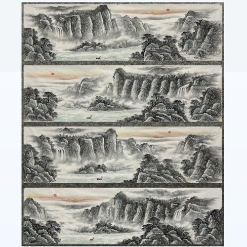 240X70CM国画一帆风顺纯手绘八尺对开山水画旭日东升MX6091901-10