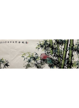 墨香村装饰国画字画花鸟纯手绘六尺对开竹子竹报平安MM1032101-3