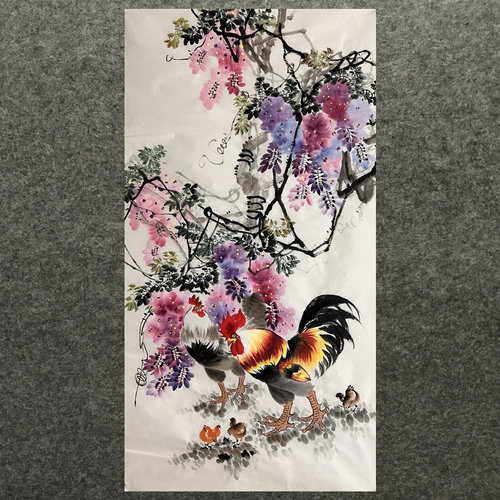 180X96CM装饰中堂国画酒店纯手绘花鸟大六尺紫藤鱼鸡MH5092802-10