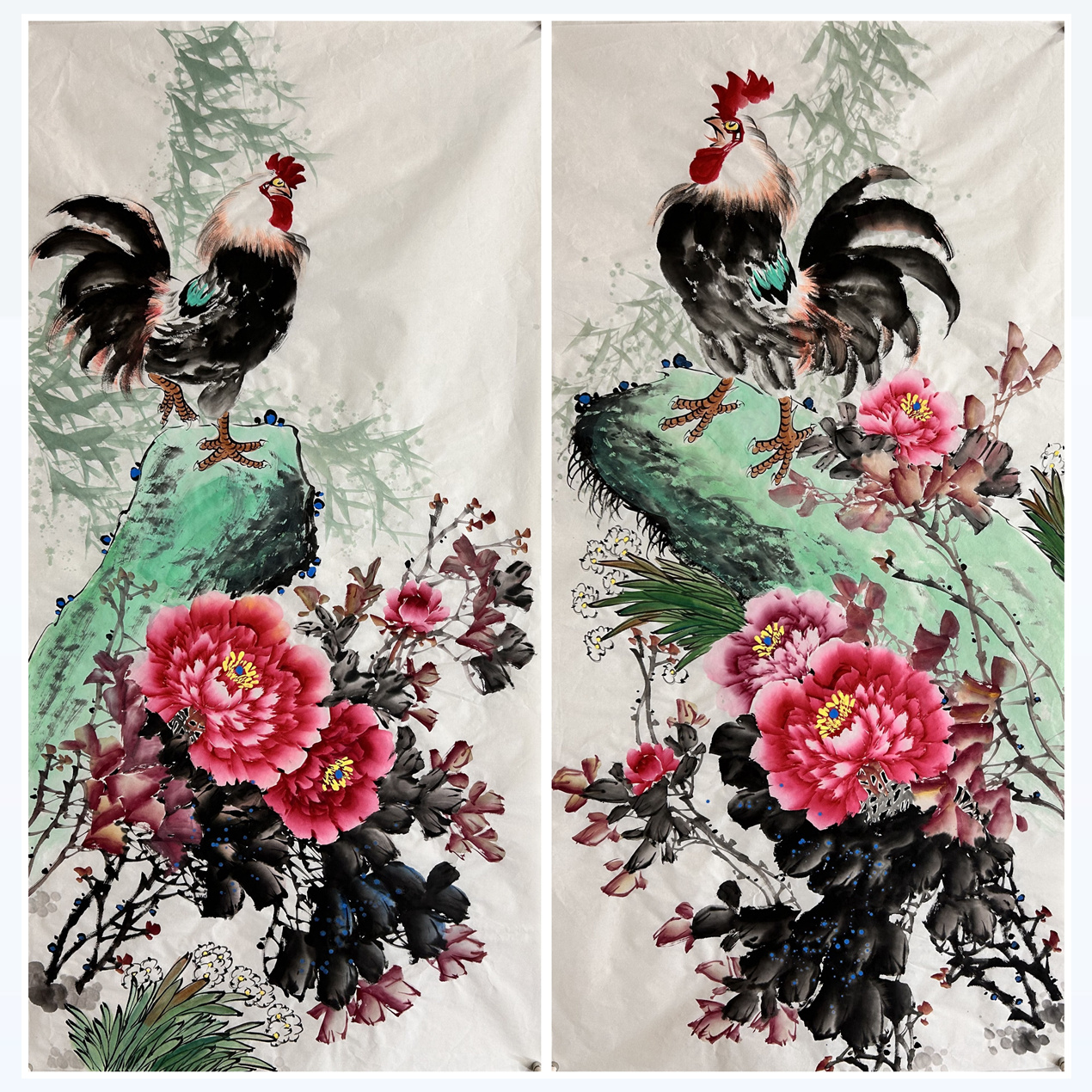 墨香村酒店中堂装饰国画字画走道花鸟画纯手绘四尺牡丹鸡画芯01图片