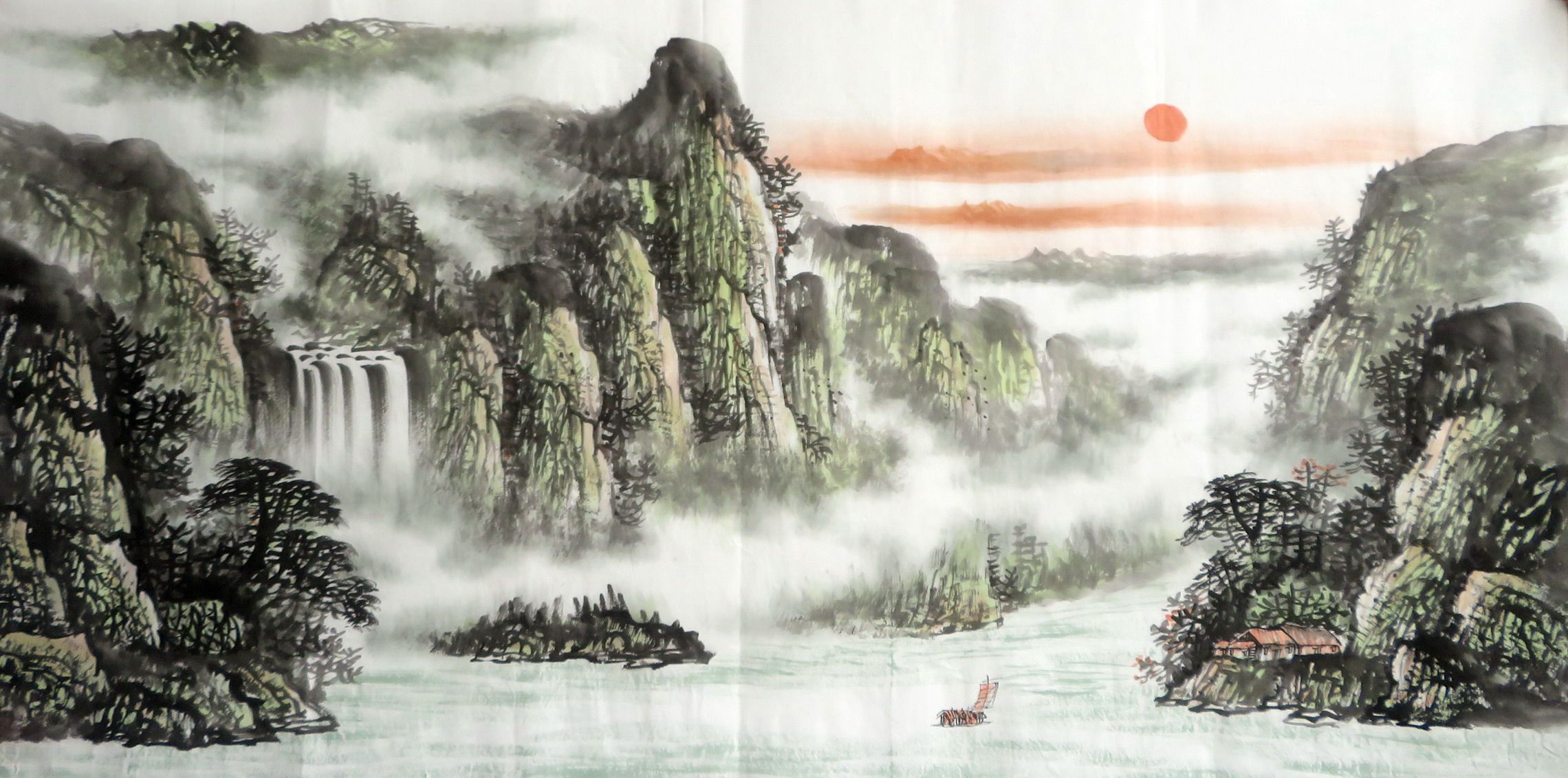 客厅酒店装饰风水国画字画纯手绘四尺山水画 瀑布旭日东升