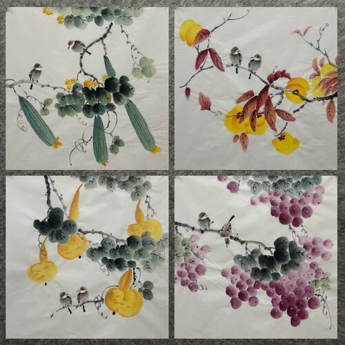 50X50厘米玄关装饰国画字画纯手绘荷花荔枝三尺斗方柿子花鸟画03