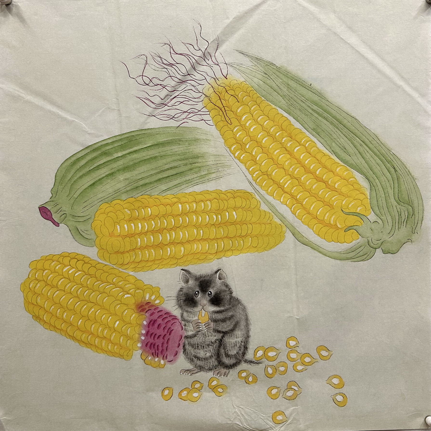 墨香村落款装饰国画纯手绘字画花鸟画四尺斗方玉米MF5031618