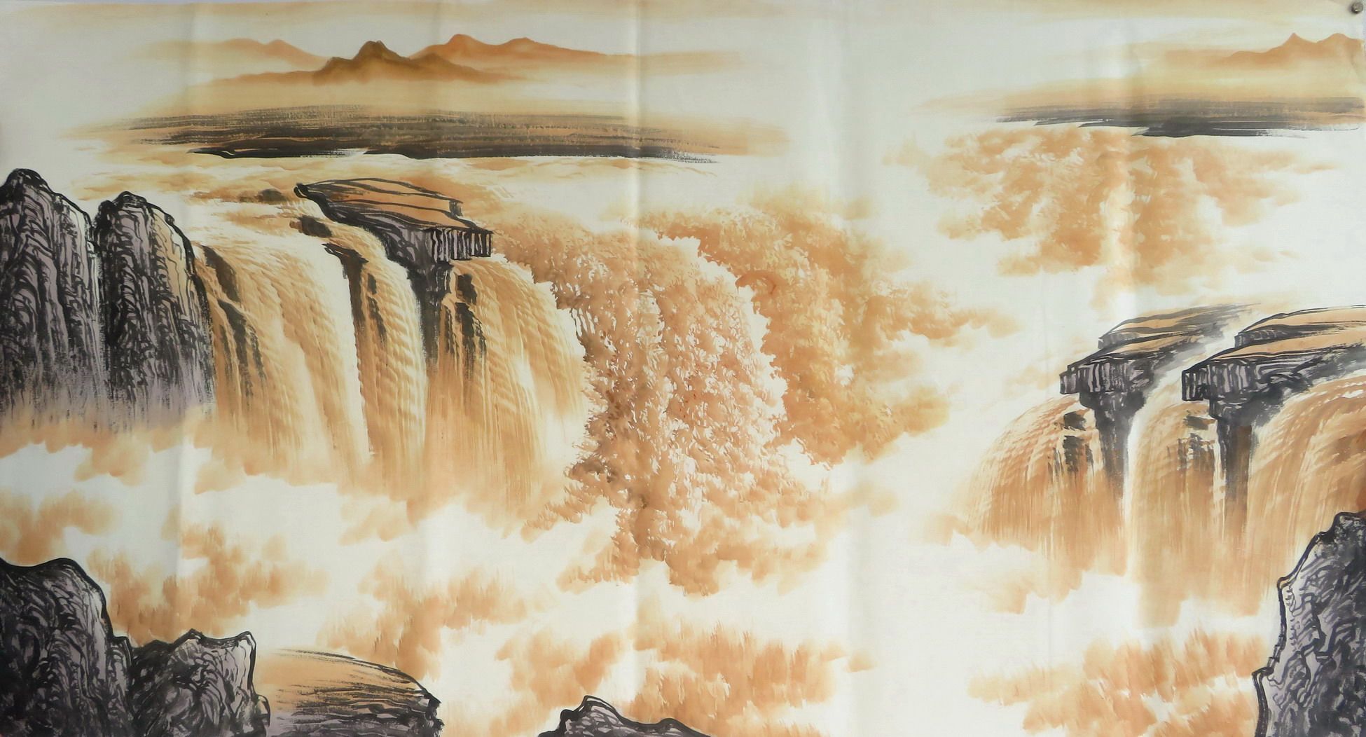 墨香村酒店装饰国画山水画纯手绘六尺黄河壶口瀑布海水mb6121717