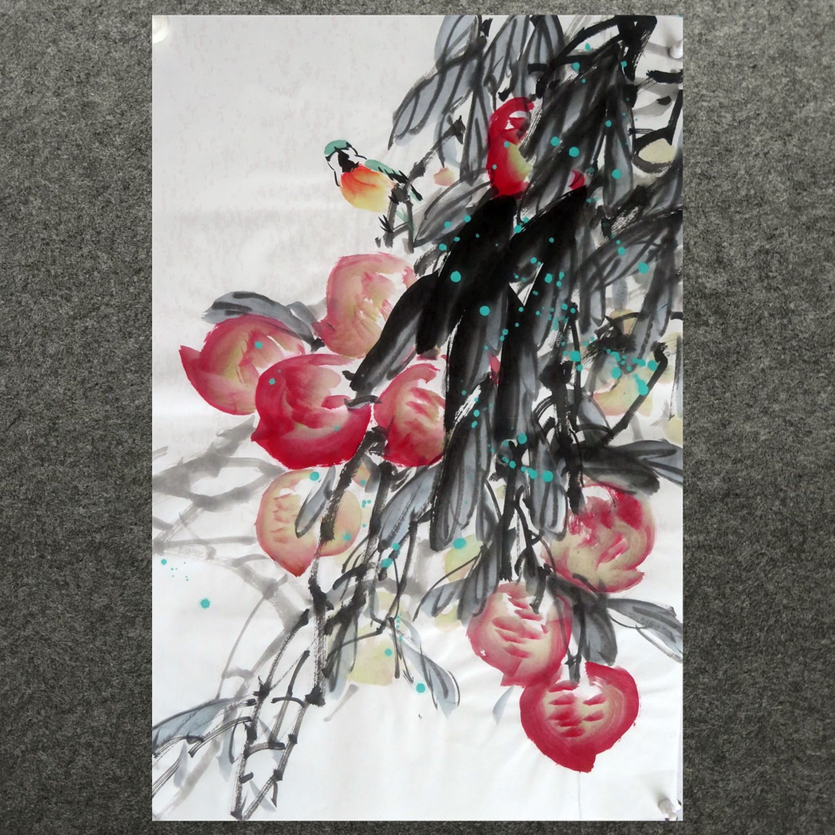 墨香村中堂精品装饰国画纯手绘花鸟水果字画四尺三开寿桃多福多寿