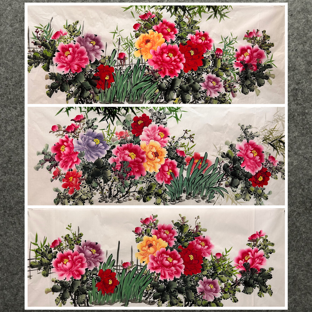180X68厘米装饰国画酒店文化墙挂画纯手绘小六尺牡丹花开富贵02图片