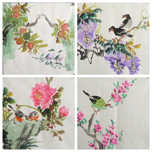 34X34CM装 饰国画花鸟字画纯手绘四尺八开花鸟画小品MX402031