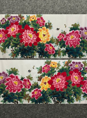 墨香村国画花鸟画金线勾线纯手绘小六尺牡丹花开富贵ML1120501-50