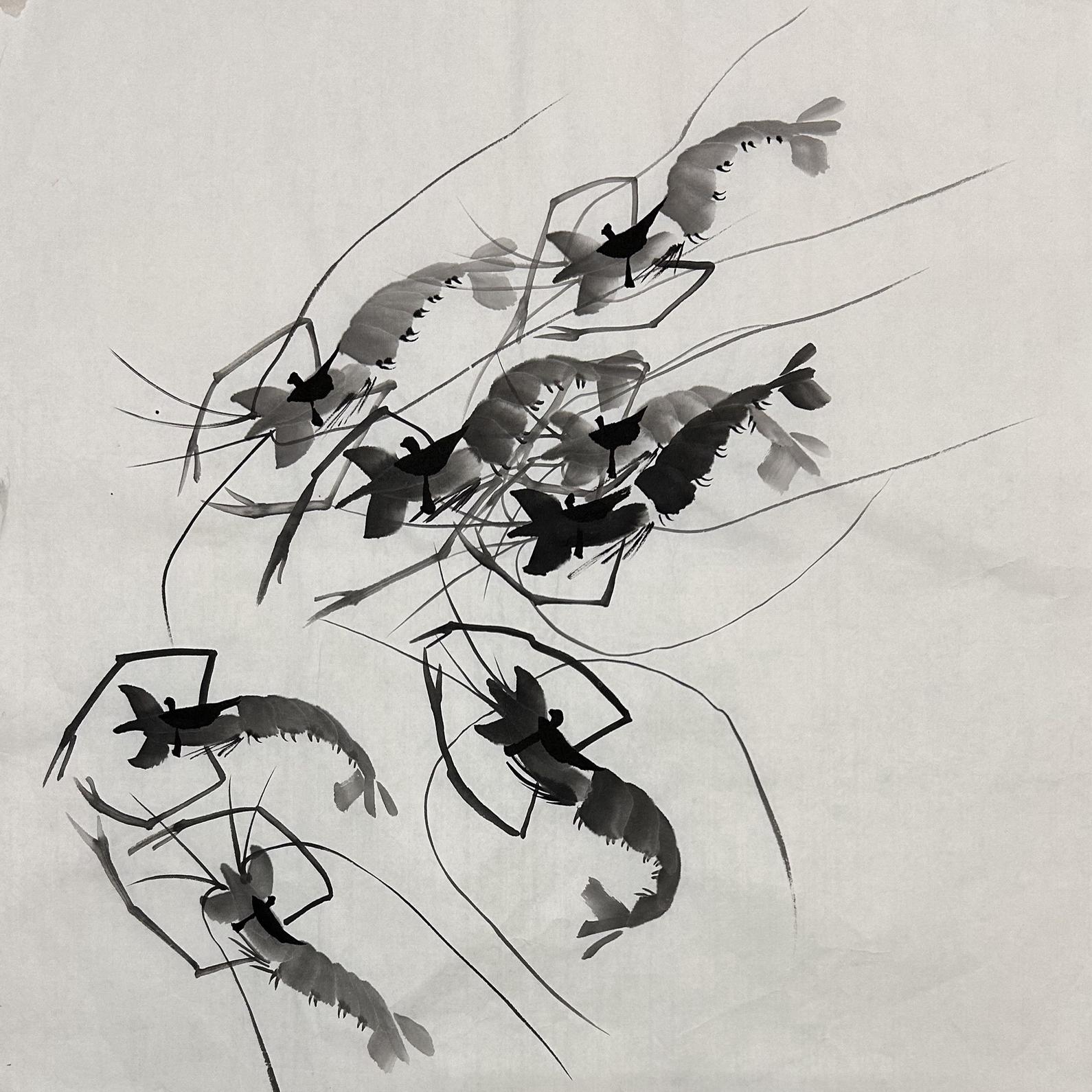 墨香村走道装饰国画纯手绘餐厅动物花鸟三尺斗方虾龙虾龙行天下图片