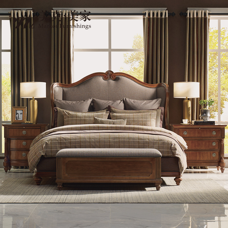 美克美家新传统美式软包床经典实木柱式床储物床头柜床前凳