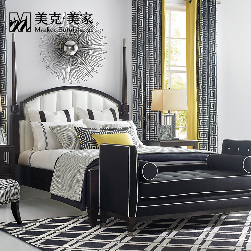 美克美家时尚变奏美式1.8双人床柱式头层牛皮软包床床前凳床头柜