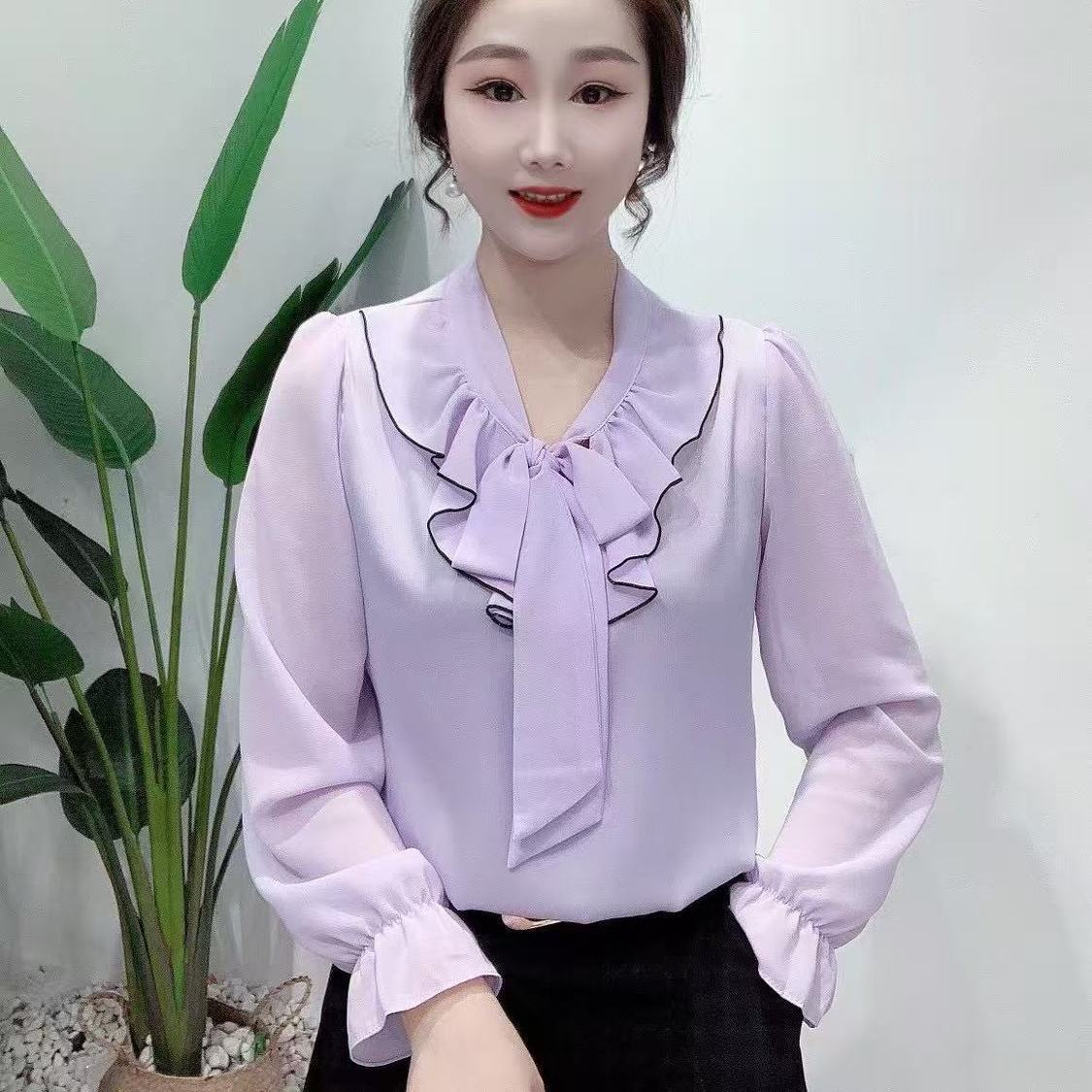 2025春款蝴蝶结气质小衫洋气显瘦百搭设计感长袖衬衫女喇叭袖上衣