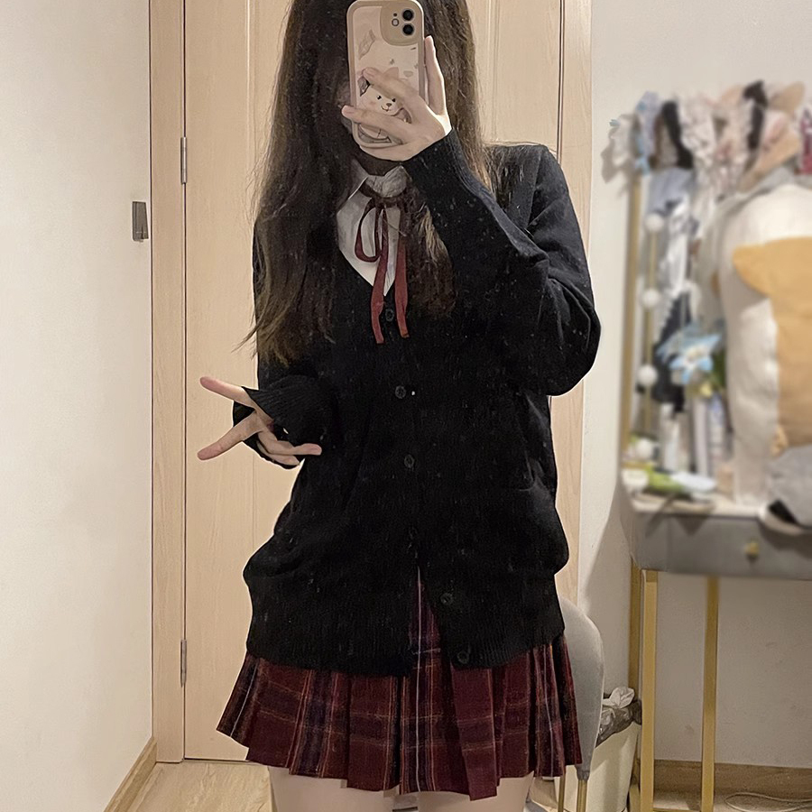 JK毛衣开衫外套女秋季日系学院风制服校供感黑色长袖针织宽松上衣