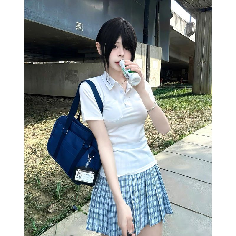 韩系复古白色收腰polo领短袖正肩