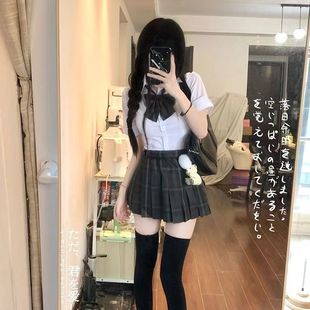 辣妹纯欲短袖 显白上衣格裙套装 衬衣 jk制服日系学院风修身 收腰衬衫