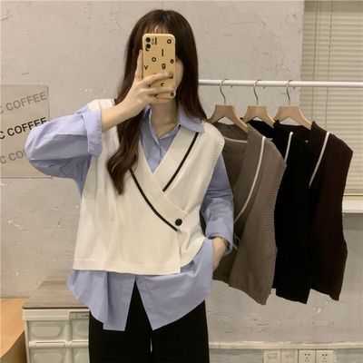 2024春秋针织马甲背心衬衫两件套