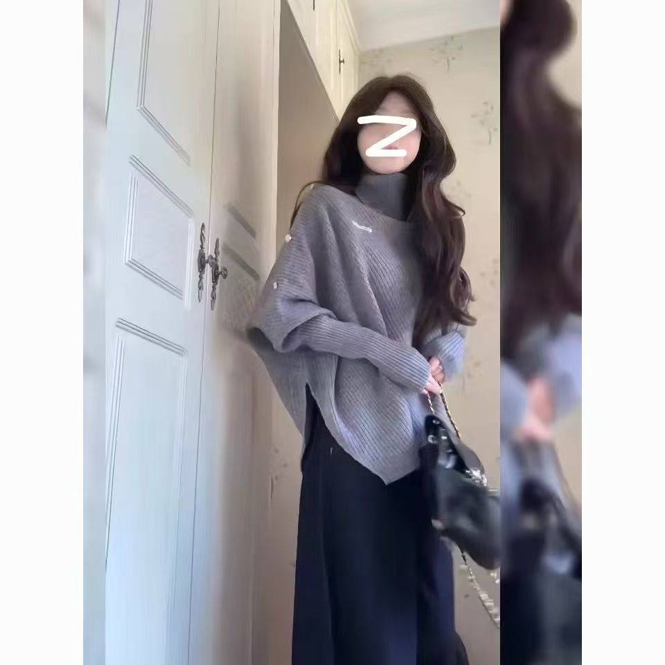 灰色不规则斗篷高领套头毛衣女秋冬季韩系高级感慵懒风针织衫上衣