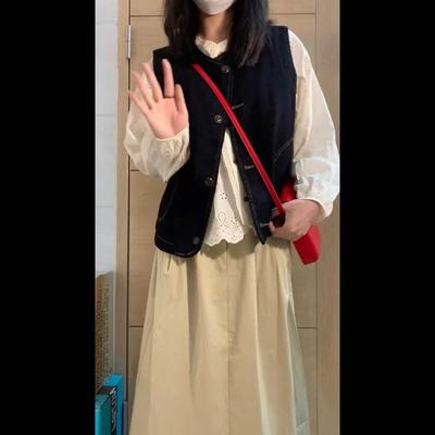 日系文艺刺绣衬衫牛仔马甲套装女