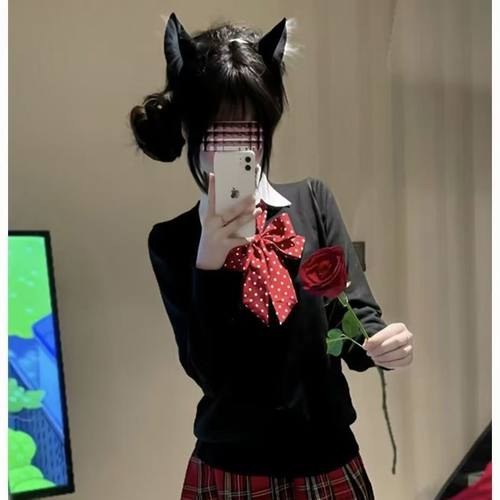 jk制服原创辣妹毛衣格裙套装女秋冬时尚长袖上衣学院风叠穿针织衫