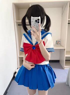 夏季海军水手服宝蓝色上衣日系学院套装制服衬衫JK百褶高腰两件套