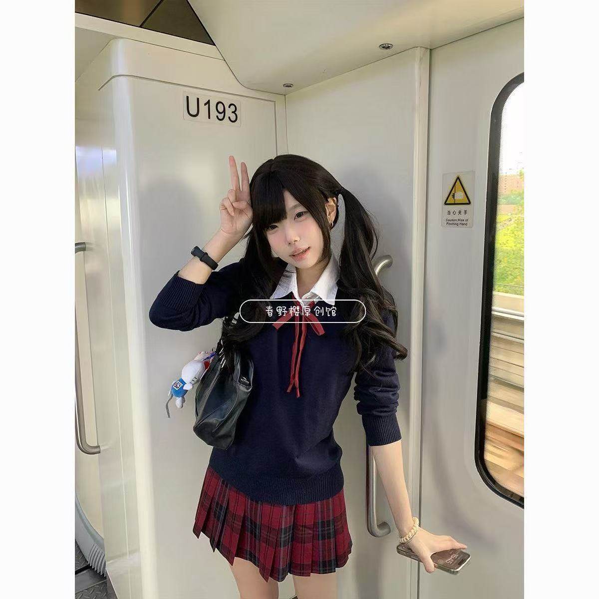 套头日系纯色针织衫学院制服套装