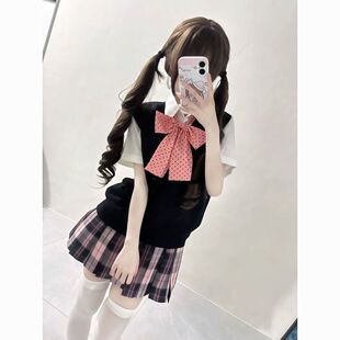 粉雾海学院套头制服马甲针织背心短袖衬衫黑色格裙原创JK套装