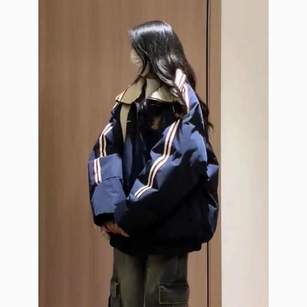 韩版撞色潮牌字母刺绣条纹棉服女冬季新款复古宽松学生外套面包服