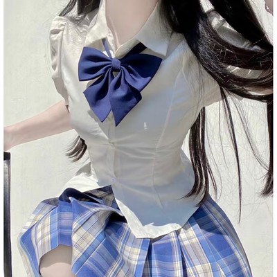 jk辣妹收腰泡泡袖衬衫女夏季学院风制服修身绑带百搭白色短袖上衣