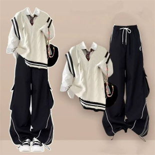 2025春秋款韩系学生女穿搭马甲+抽绳衬衫+领带+黑色工装裤四件套
