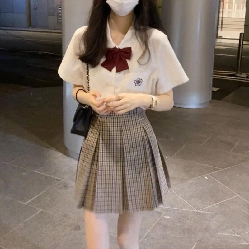 小个子学院风少女穿搭白色衬衫格子百褶短裙jk制服两件套装女夏季