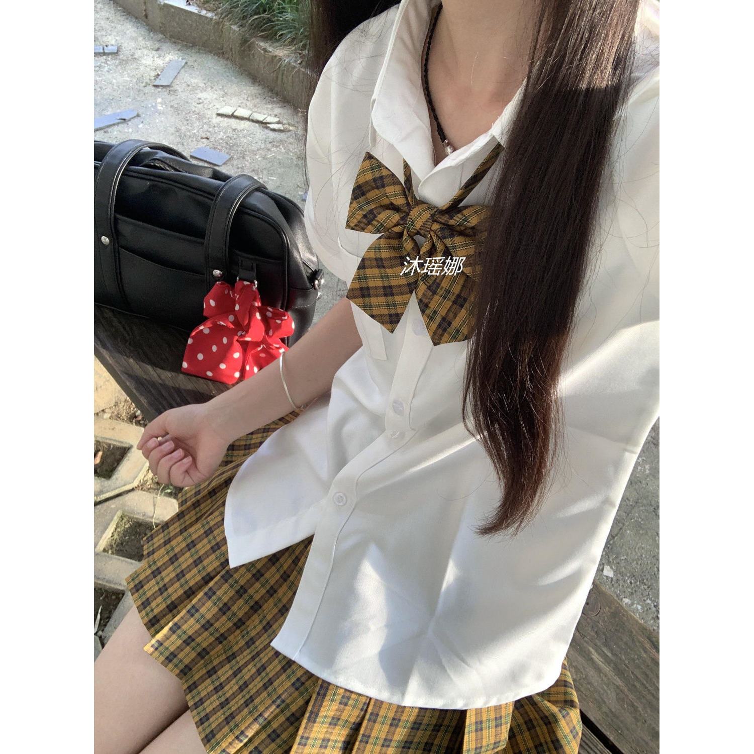 原创JK制服短袖纯色衬衫上衣女夏季学院风向日葵格裙百褶裙套装女