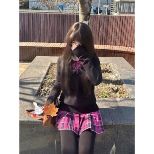 原创jk制服小玫套装女秋冬正版日系辣妹校供黑色针织衫格裙子全套
