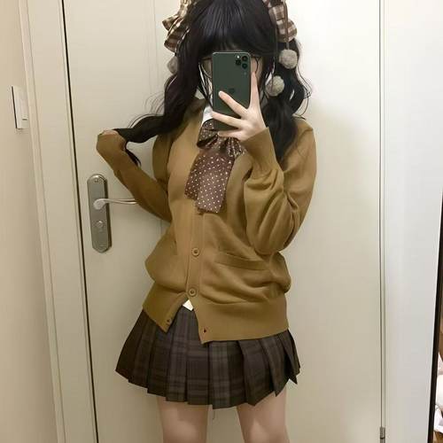 JK制服原创针织衫秋冬日系格裙长袖针织开衫毛衣套装女学院棕短裙