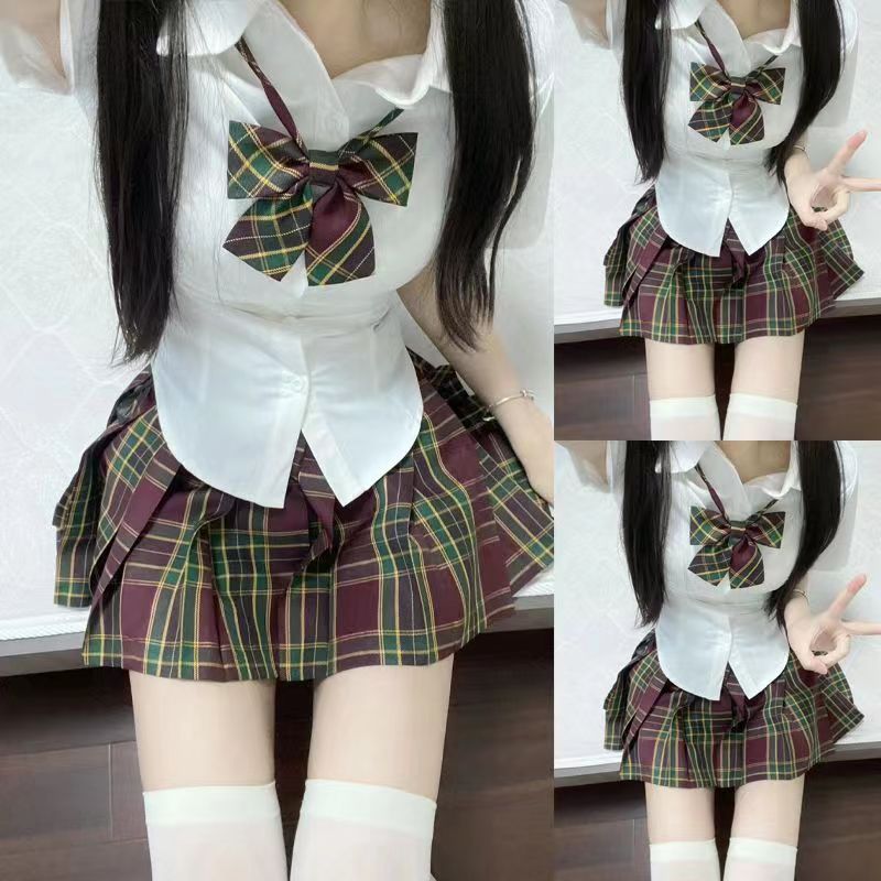 日系精品JK制服收腰显瘦短袖白衬衫女纯欲学院风少女格裙海苔套装