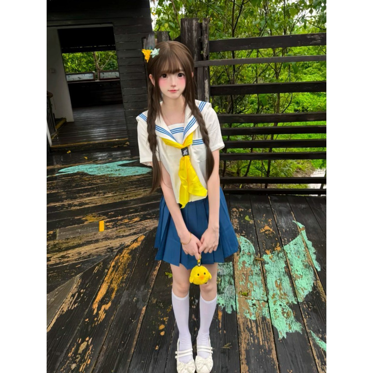日漫感jk制服套装甜美可爱穿搭蓝色三本短袖上衣软萌少女百褶短裙