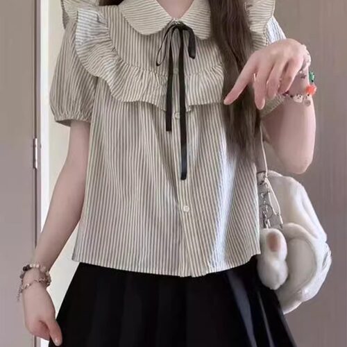 套装女学生荷叶边泡泡袖系带衬衫