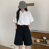 女夏设计感小众韩版 蓝色短袖 衬衫 宽松百搭盐系炸街外穿衬衣ins潮