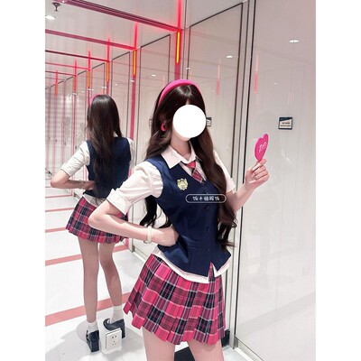 JK制服绀色马甲衬衫格裙套装女