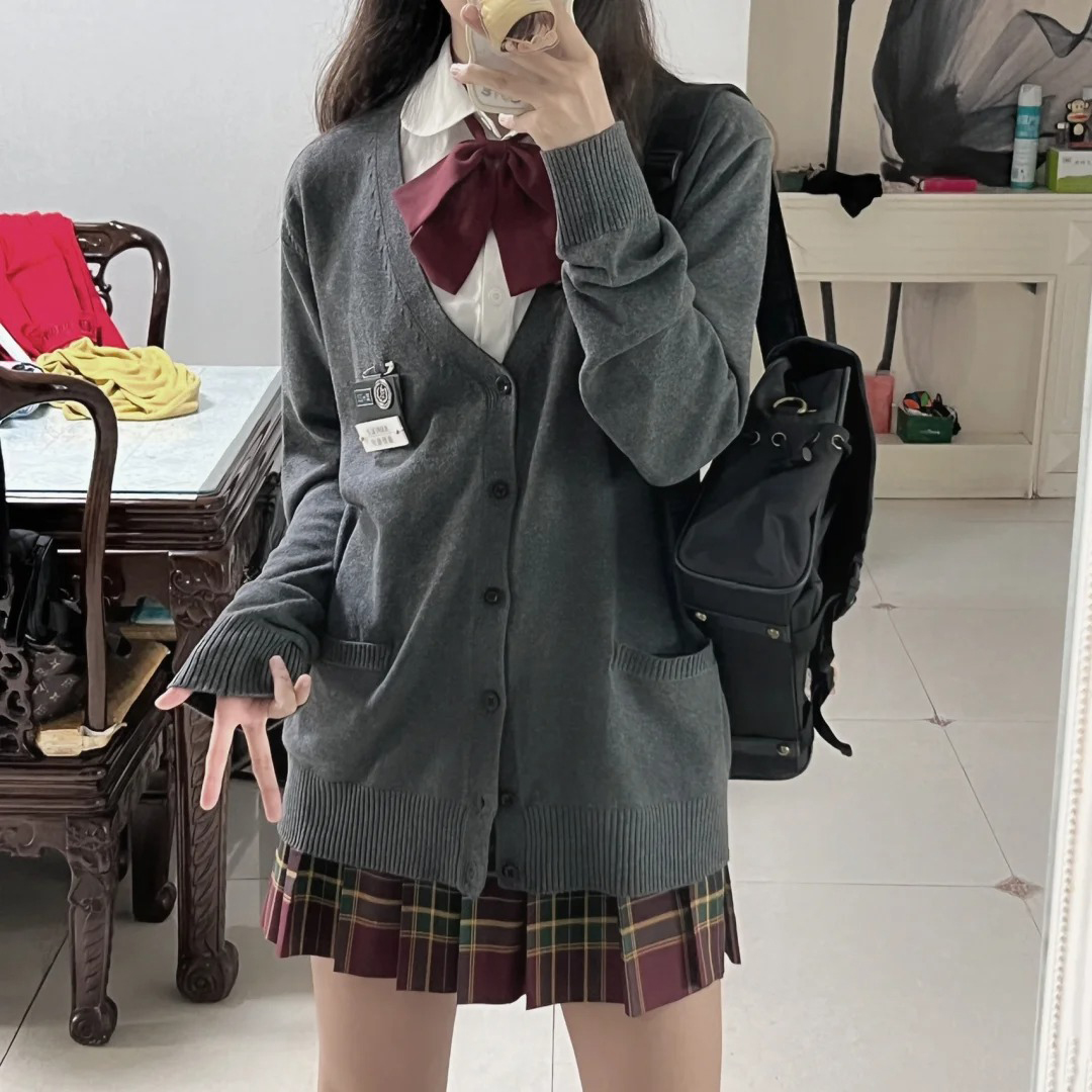 日系制服学院风JK毛衣校服女生长袖外套深灰色毛衣开衫女生针织衫