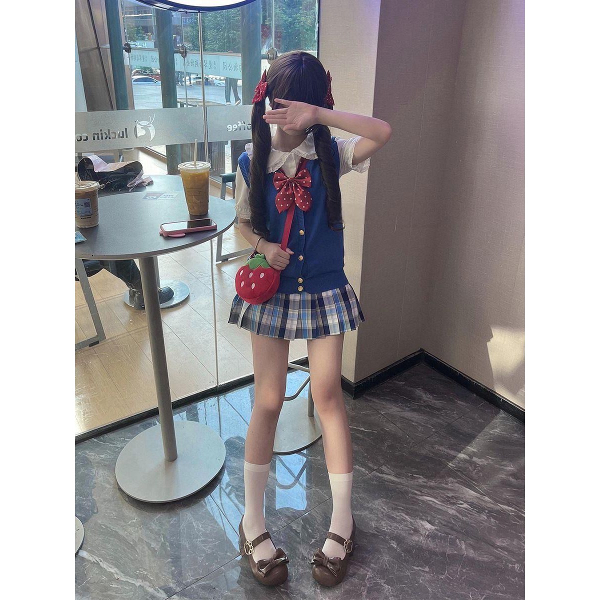 原创JK制服夏季甜美少女感宝蓝色马甲开衫背心气泡水格裙软妹套装