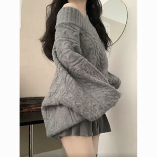秋冬套装女2025新款慵懒复古宽松V领针织毛衣搭配百褶短裙两件套