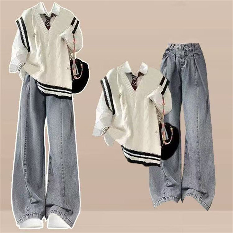 【两件套装】学院风V领麻花拼色针织毛衣马甲背心女学生+领带衬衫