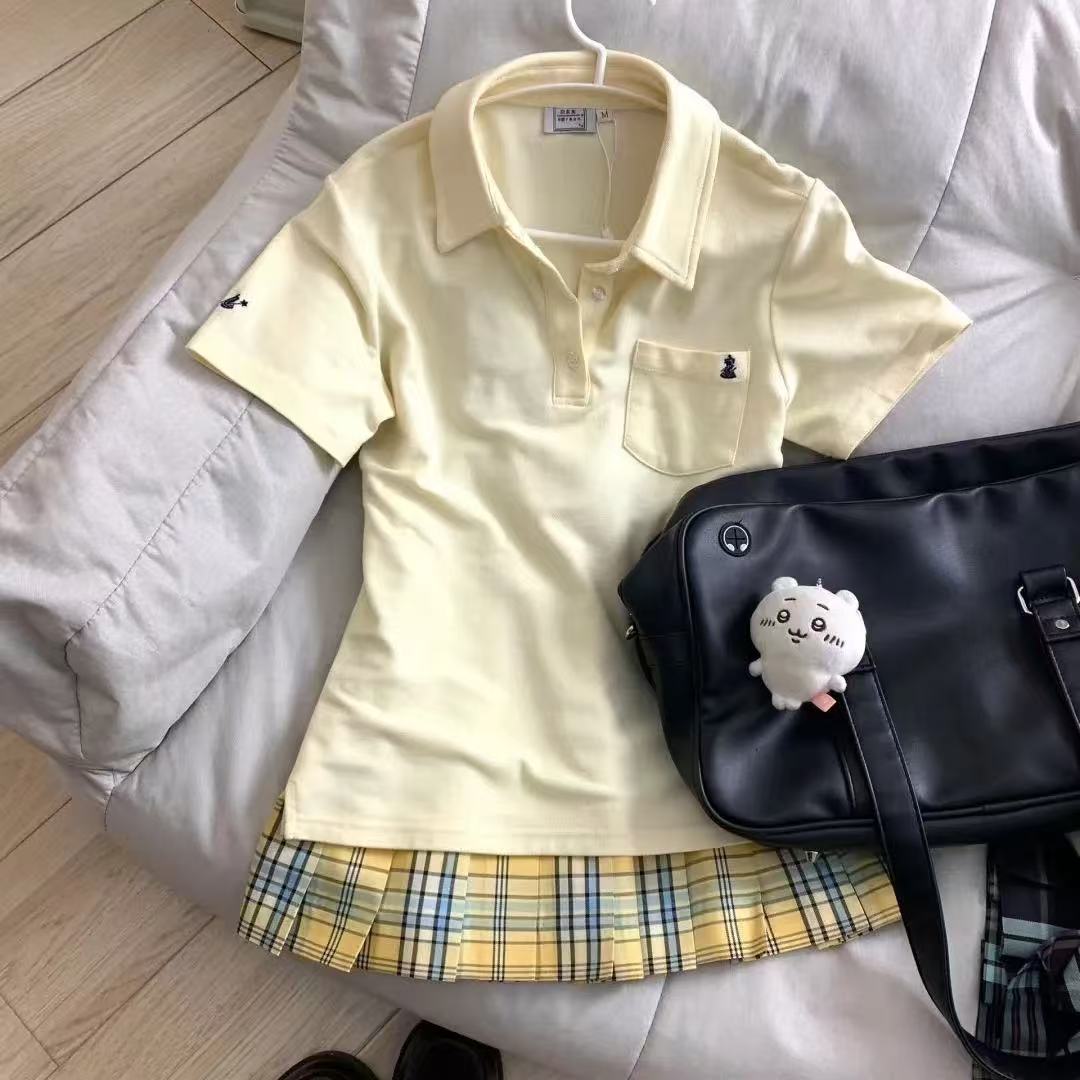 原创学院风polo衫JK制服甜美校供日系收腰刺绣短袖t恤上衣女夏季