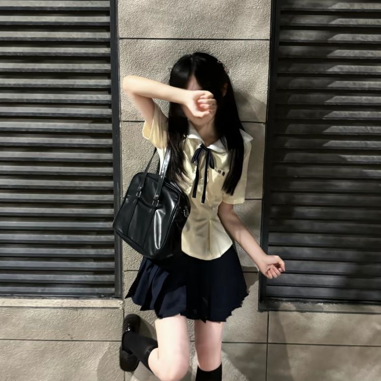 学院风娃娃领JK制服套装奶黄色花瓣摆设计短袖校供感短袖女软妹