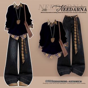 韩系大方得体假两件卫衣巨好看的早秋一整套美拉德高级感牛仔套装