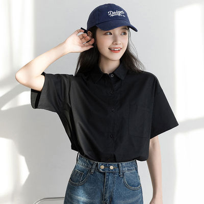 黑色短袖衬衫女2023年港风内搭jk