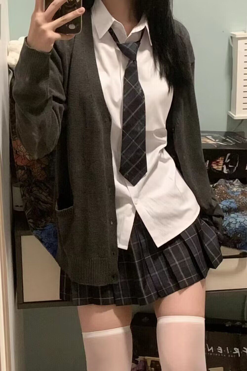 【三件套装】春秋学院风复古薄款针织开衫外套女韩系高腰百褶裙潮