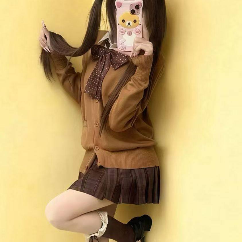 校供感制服套装长袖开衫焦糖格裙